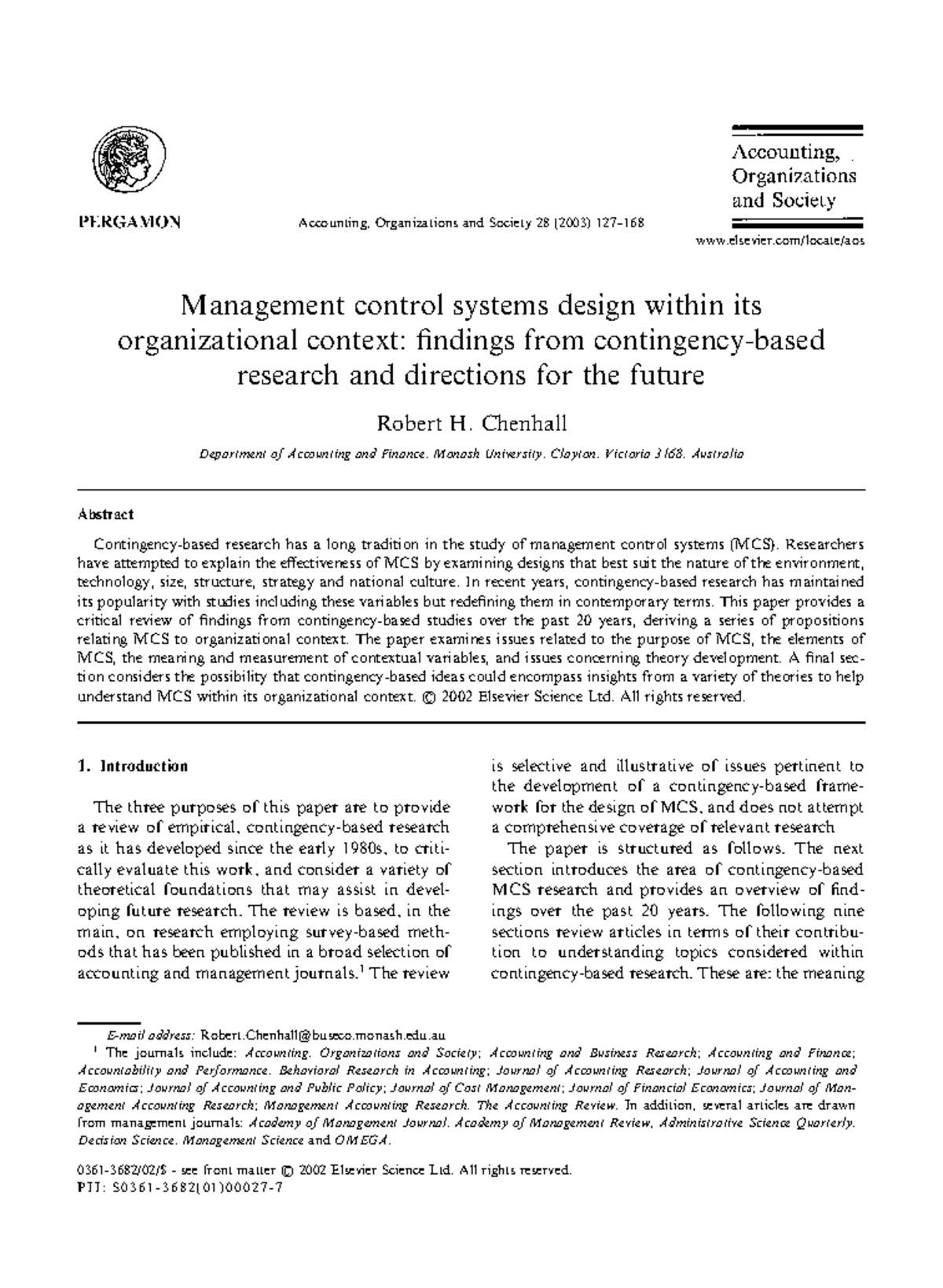 Management Control Systems Design: Insights from Chenhall's Research ...