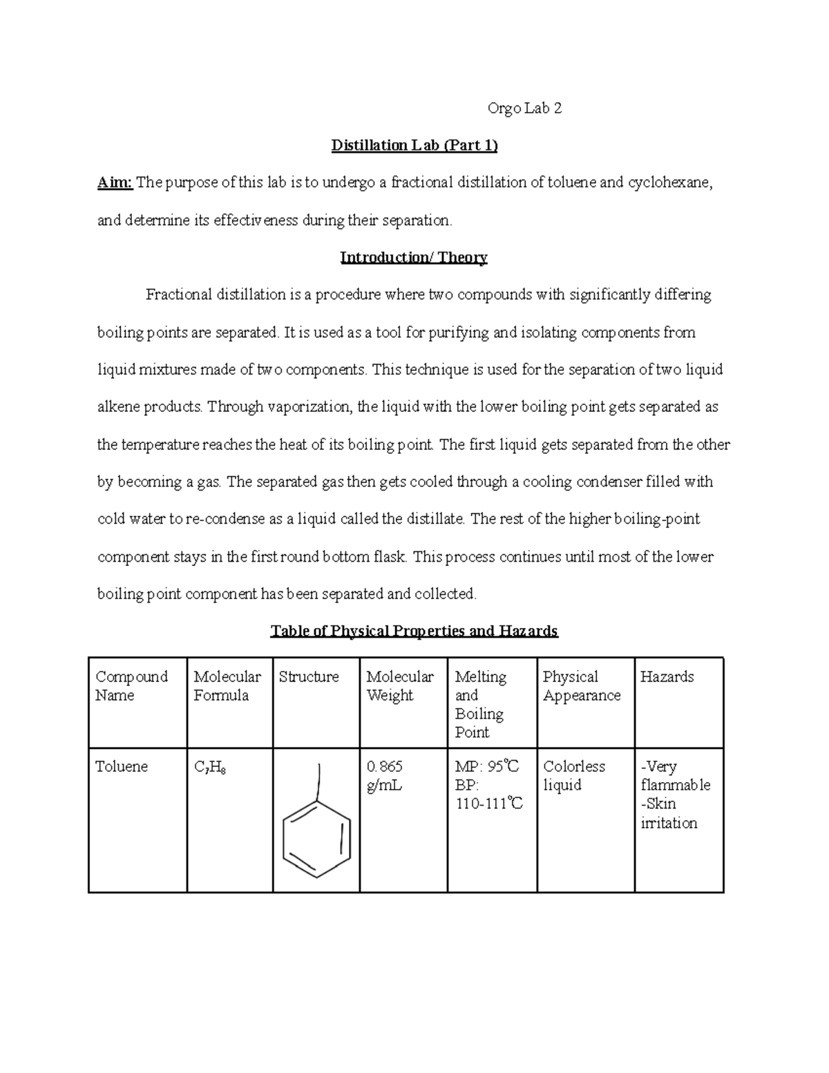 OChem Lab Report 3: Fractional Distillation of Toluene and Cyclohexane ...