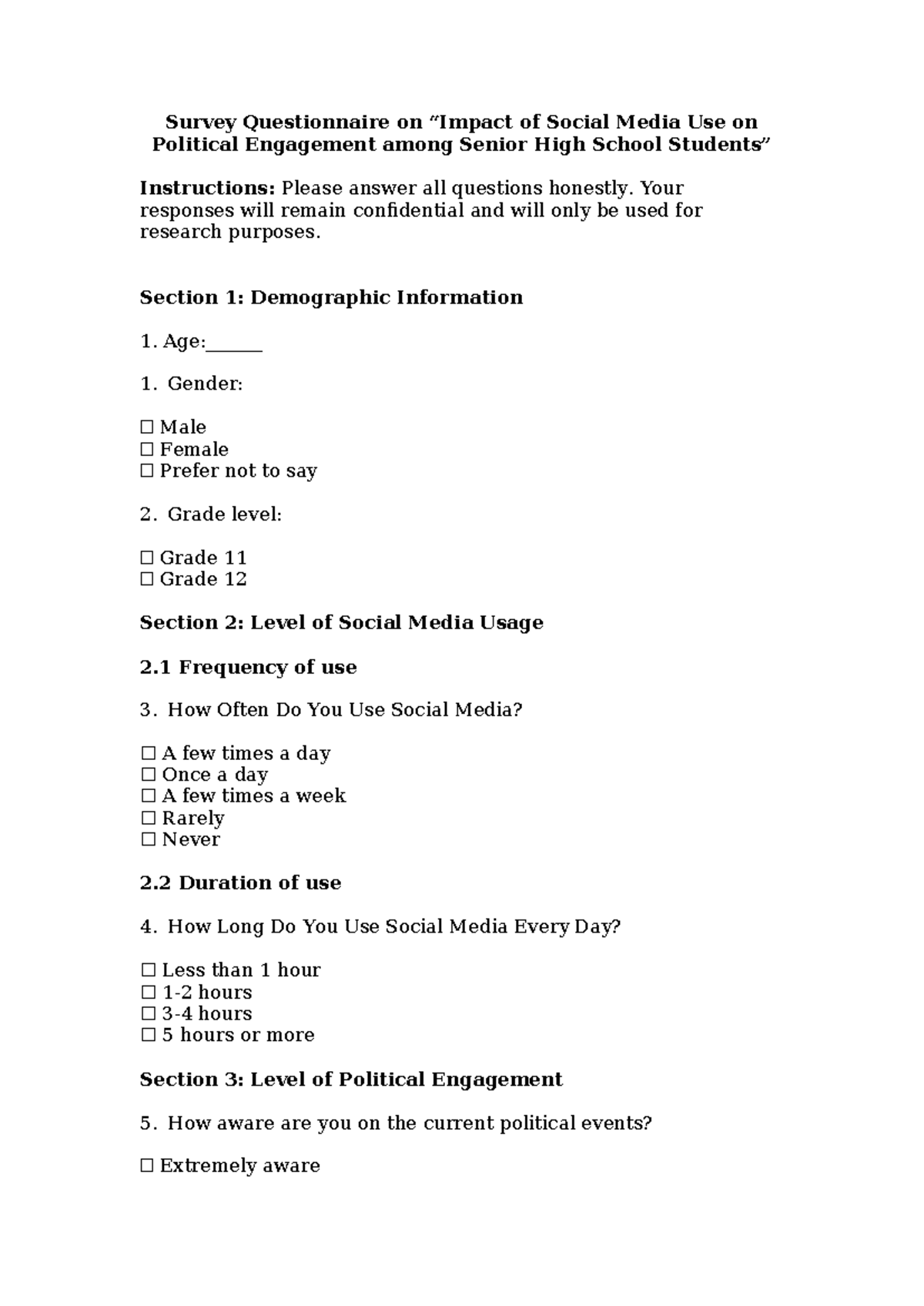 Survey Questionnaire on Social Media Use & Political Engagement - Studocu