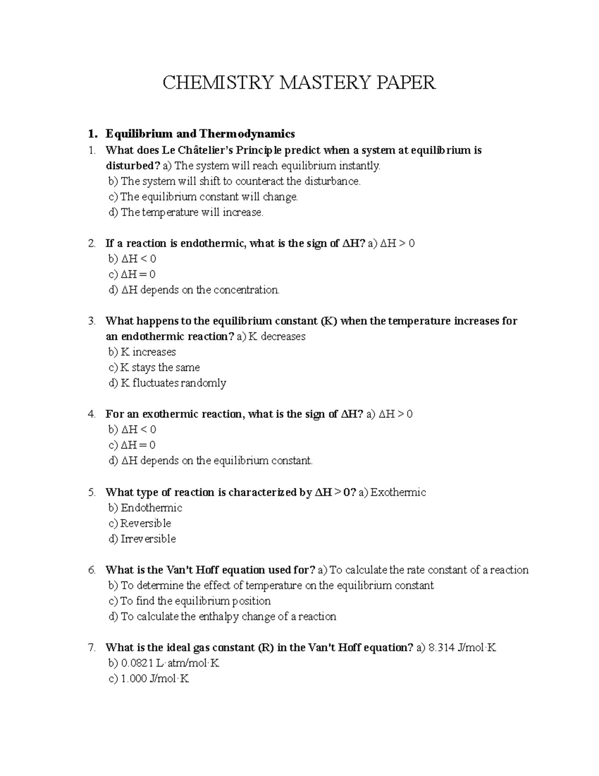 CHEM 101 Final Exam Review: Equilibrium & Thermodynamics Concepts - Studocu