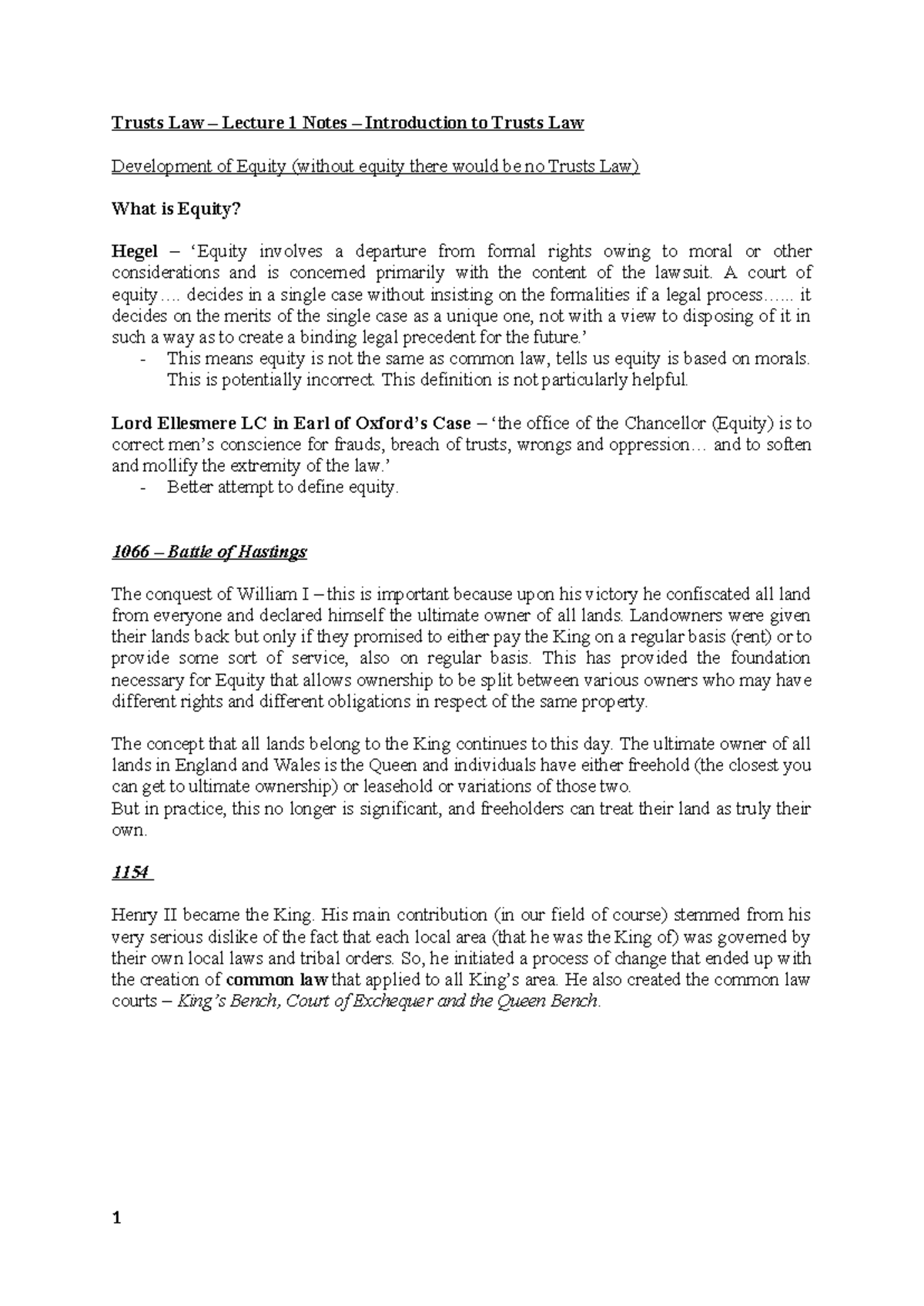 Trusts Law - Lecture 1 Notes on Equity & Trust Development - Studocu