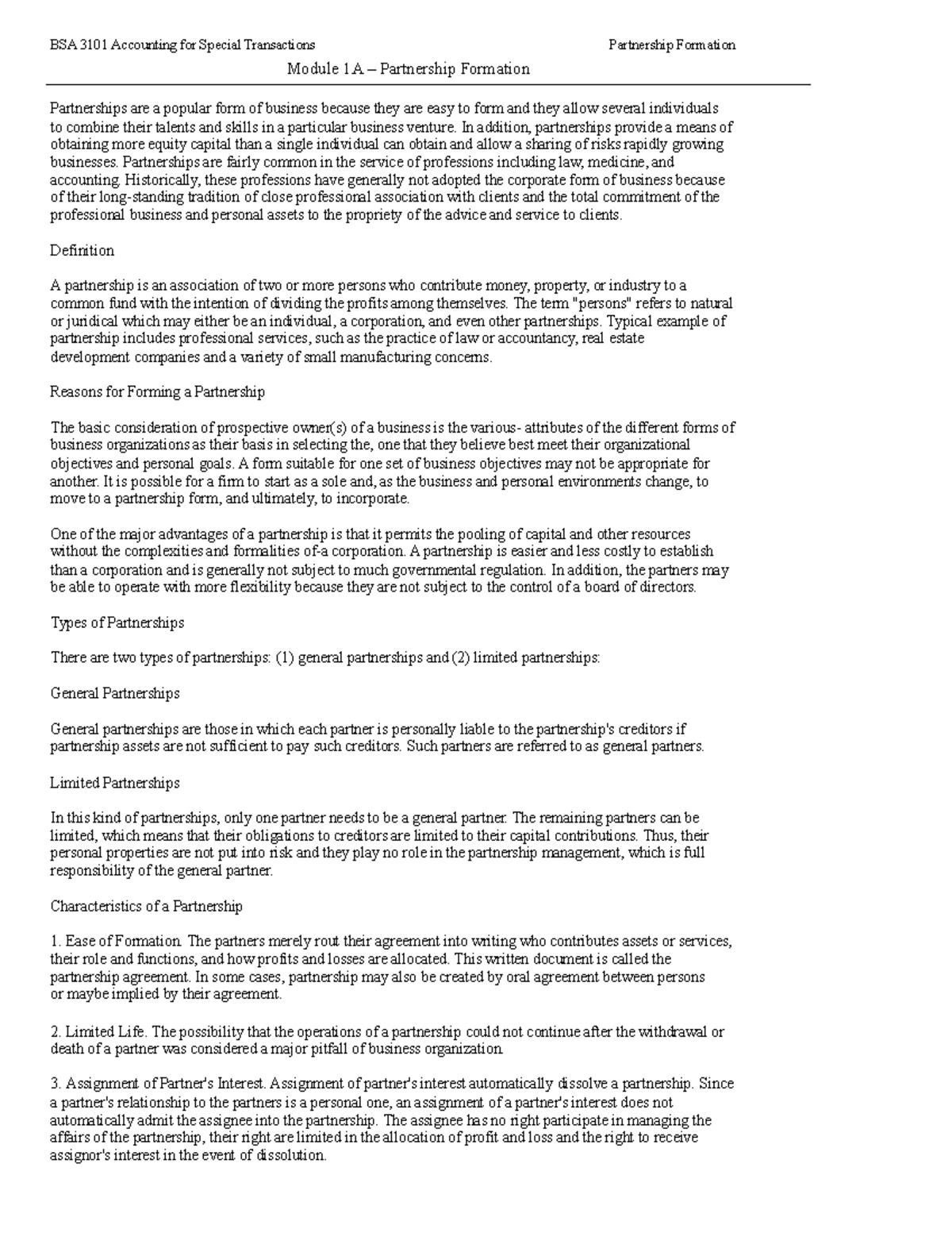 BSA 3101 Final Exam Notes: Partnership Formation & Accounting - Studocu