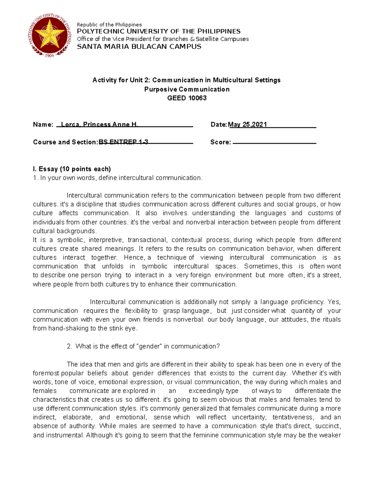 GEED 10063: Activity for Unit 2 on Communication in Multicultural ...