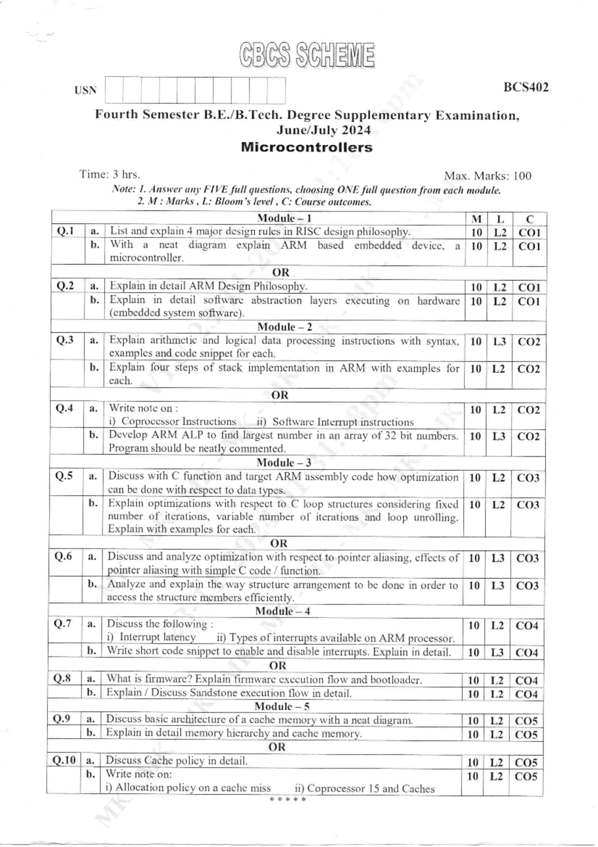 BCS402 Microcontrollers Fourth Semester Supplementary Exam Guide - Studocu