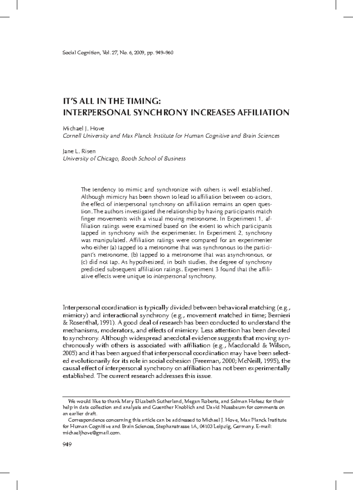 Interpersonal Synchrony and its Effect on Affiliation: Study Analysis ...