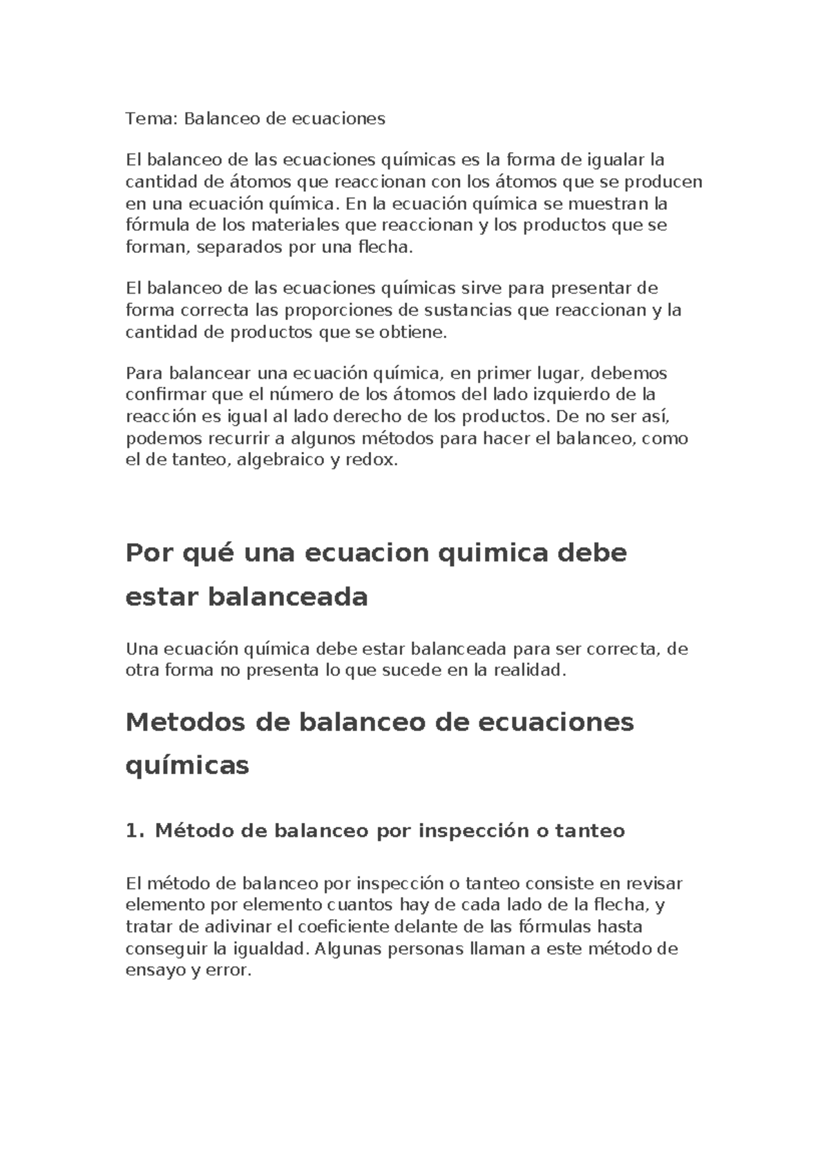 Tema: Balanceo de Ecuaciones Químicas y Métodos de Igualación - Studocu