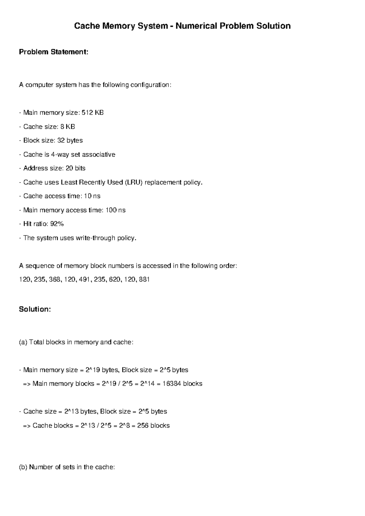Cache Memory System Numerical Problem Solution (CS101) - Studocu