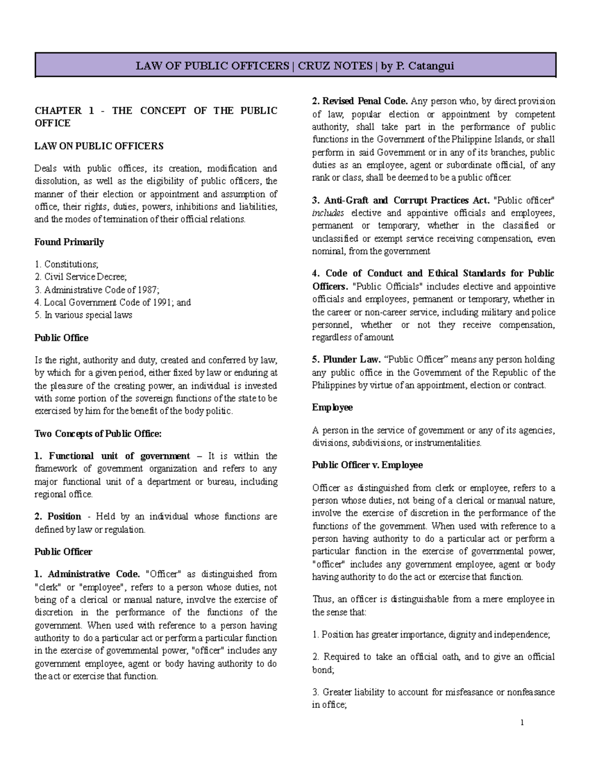 LAW OF PUBLIC OFFICERS (LAW 101) - CRUZ NOTES - Document Preview