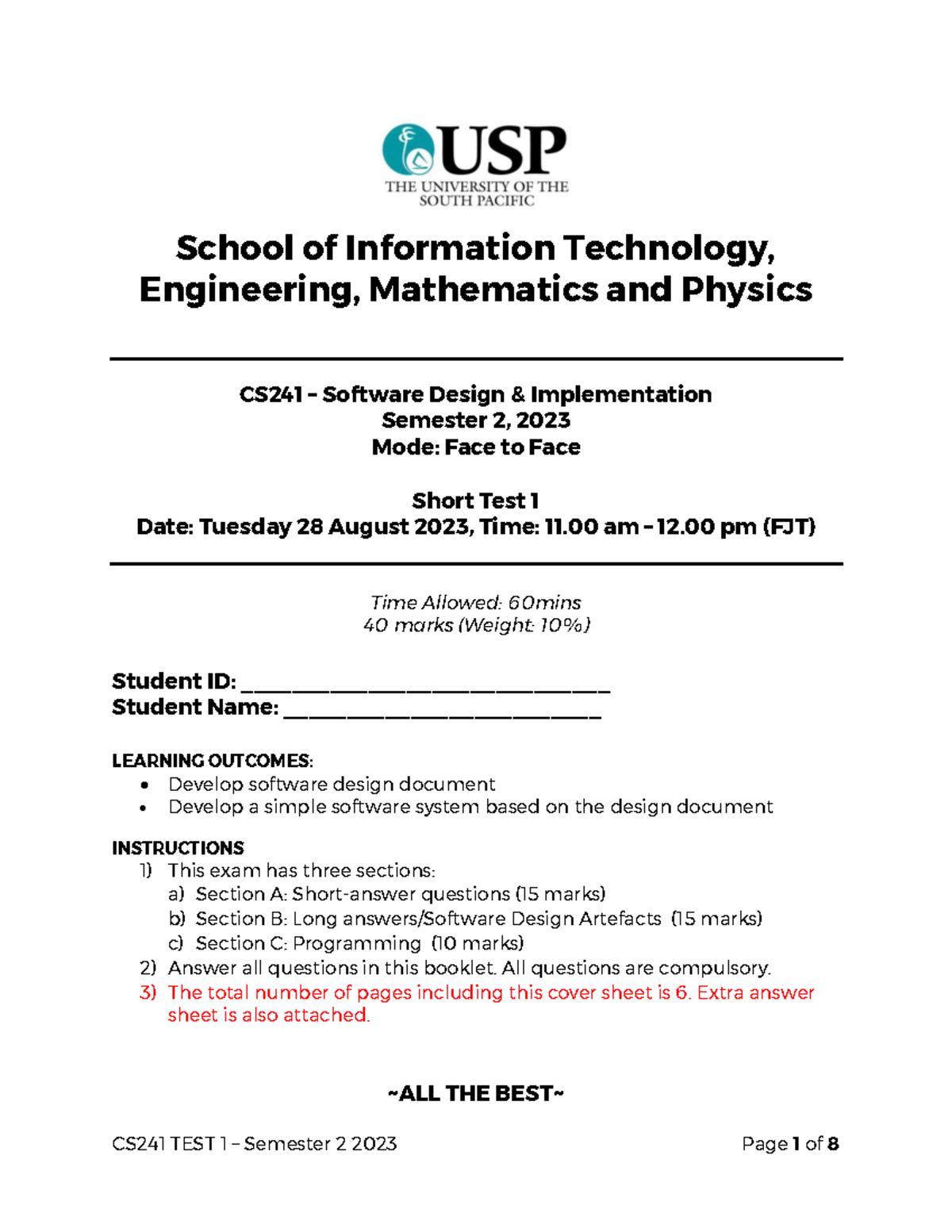 CS241 Software Design Implementation Test 1 Answers - Semester 2, 2023 ...