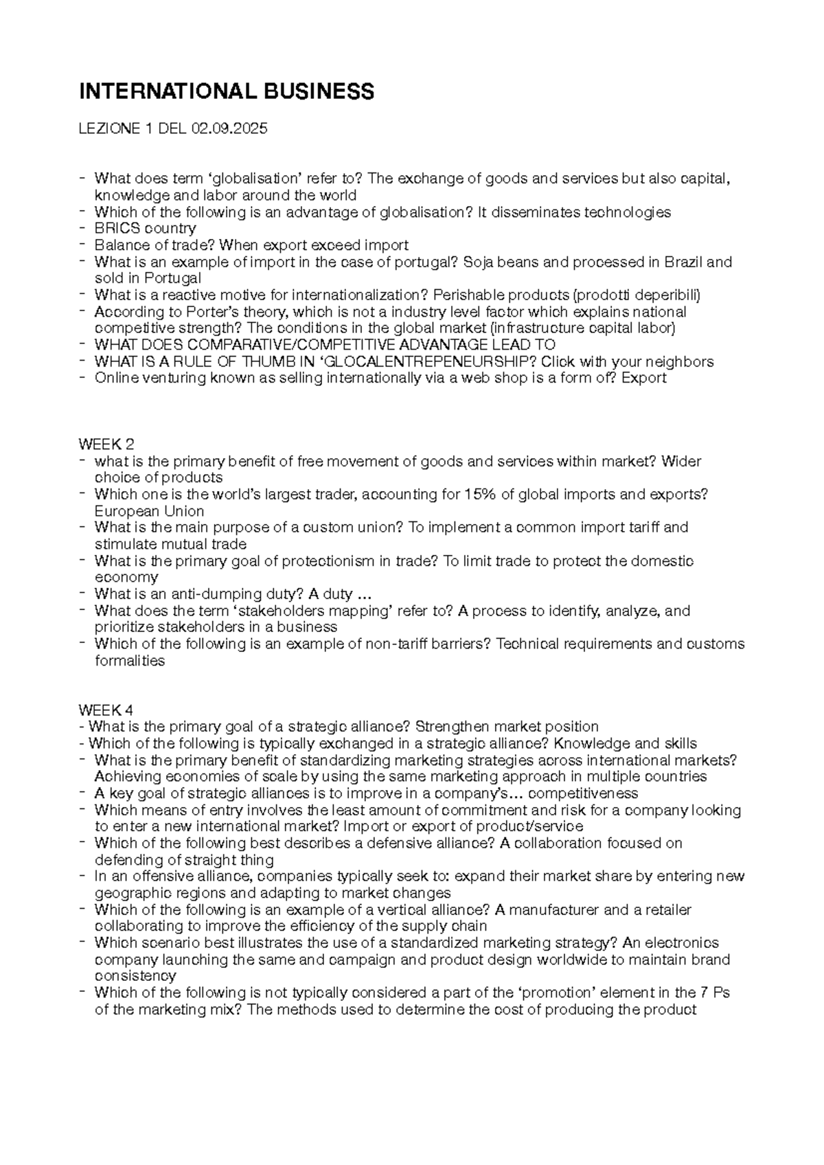 INTERNATIONAL BUSINESS LECTURE 1 NOTES - 02.09.2025 - Studeersnel