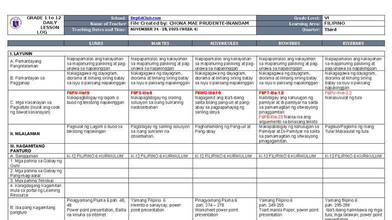 DLL Filipino 6 Q3 W4 - yes - GRADE 1 to 12 DAILY LESSON LOG School ...
