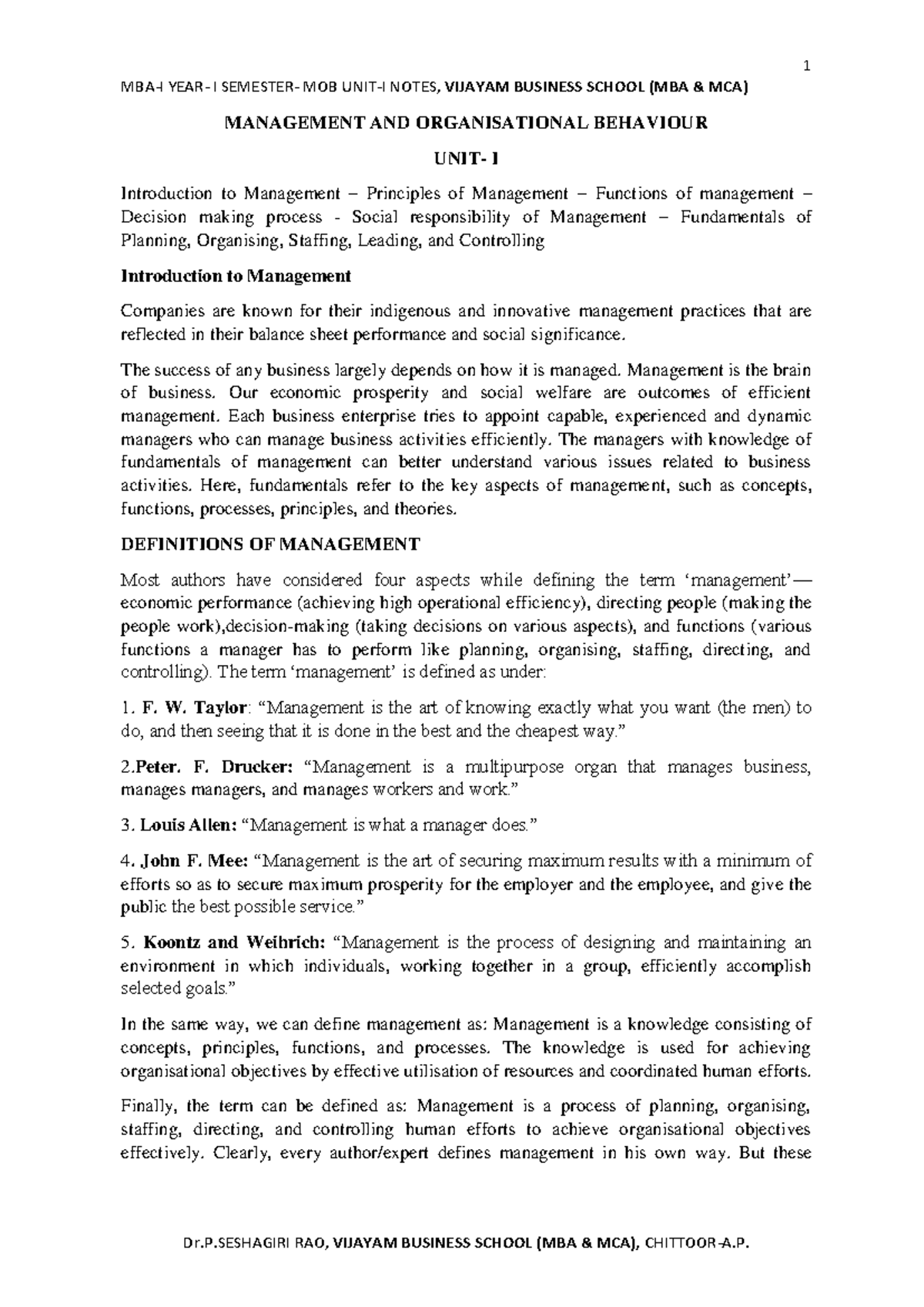 MOB-UNIT-1 MBA 1st Sem: Management Principles & Organizational Behavior ...