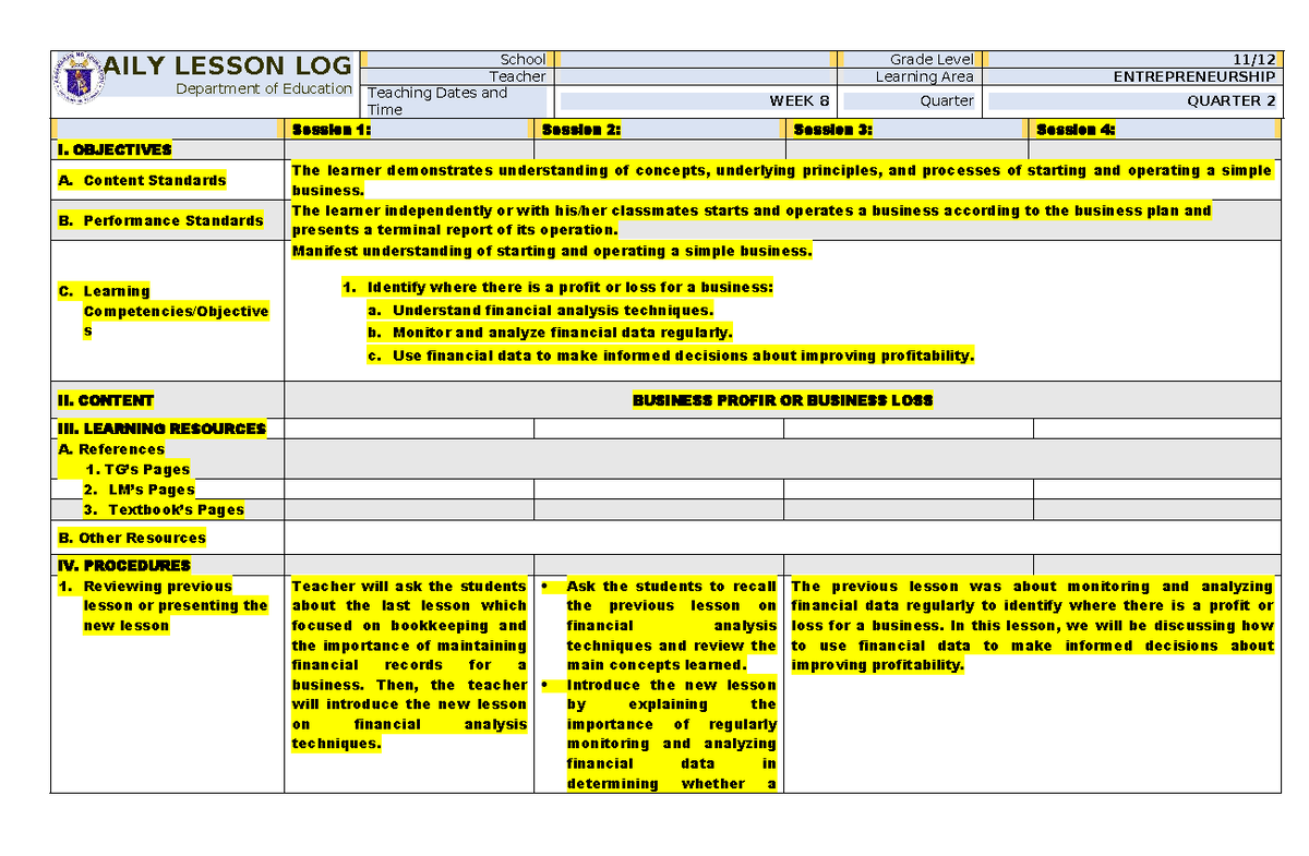 Entrep Q2 Week 8 - Daily Lesson Plan on Financial Analysis - Studocu
