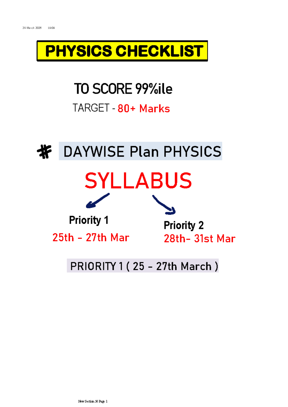 PHYSICS SYLLABUS Checklist for Target Marks - Revision Plan - Studocu
