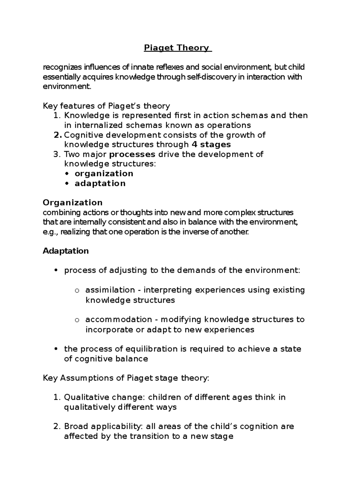 Piaget Theory: Cognitive Development Stages and Key Features - Studocu