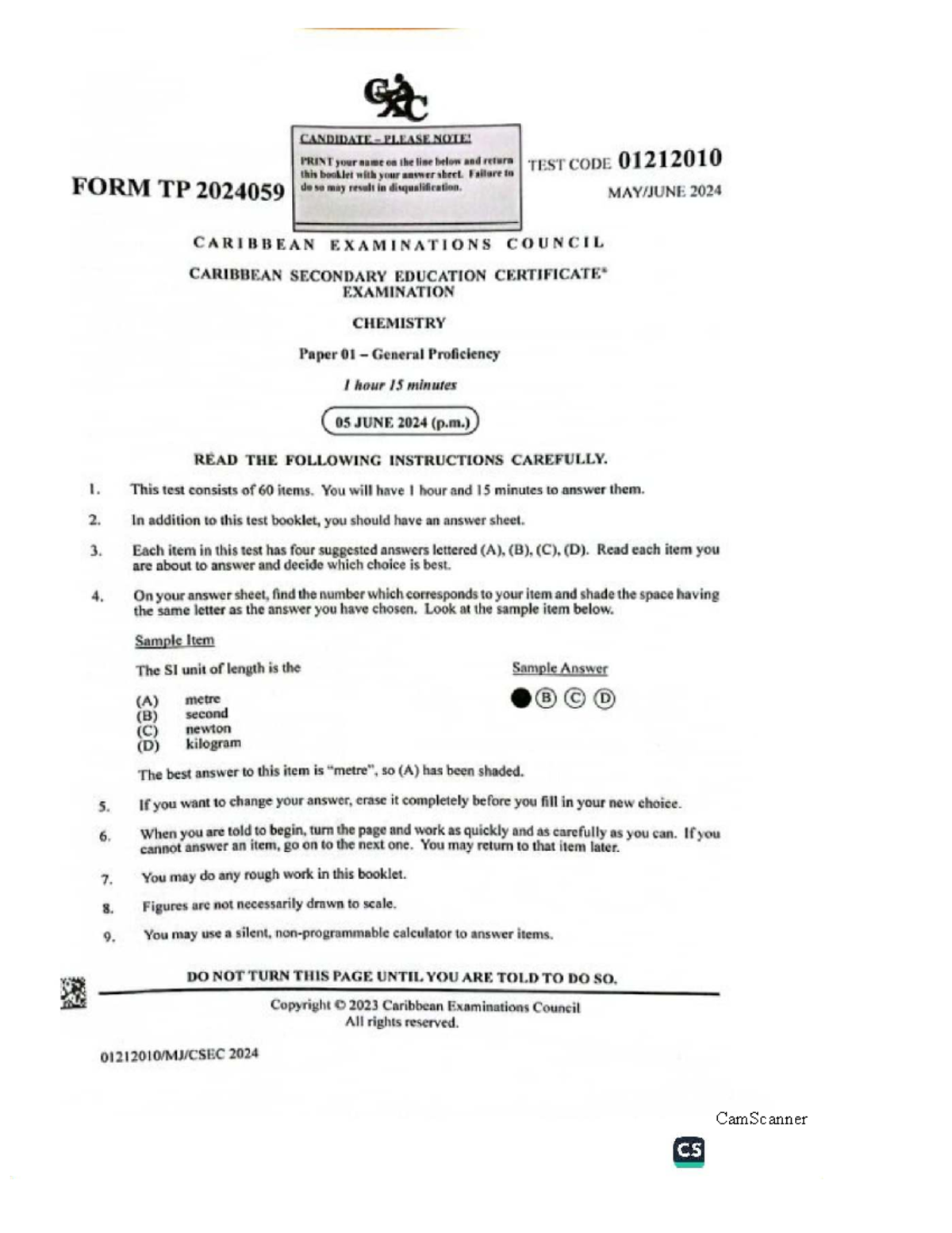 Chemistry CSEC Paper 01 General Proficiency Test Code 01212010 - Studocu