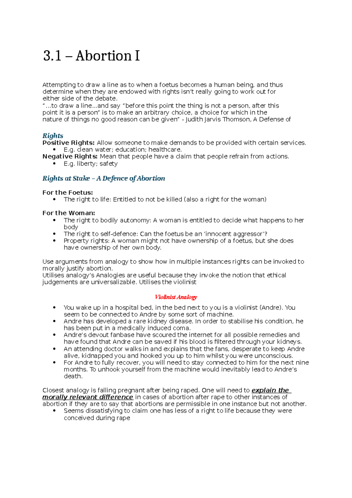 HPSC1000 - Lecture 3 Notes on the Ethics of Abortion and Rights - Studocu