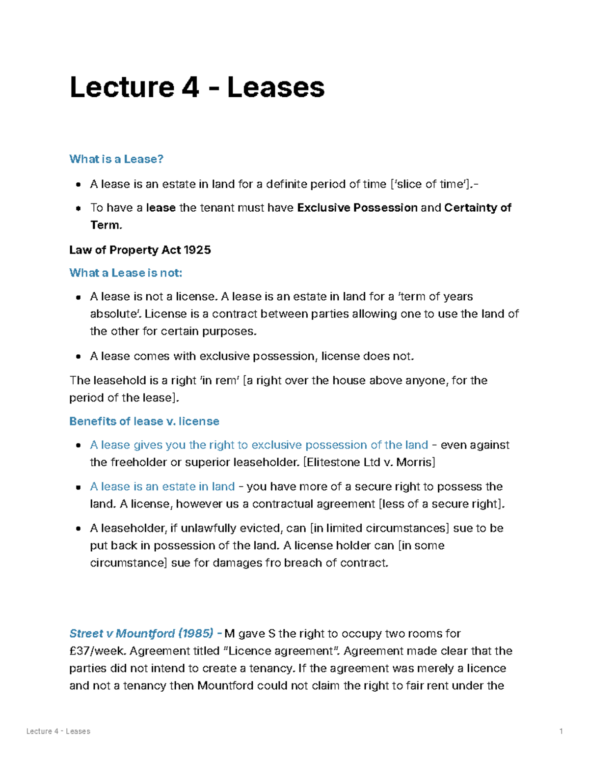 Lecture 4: Understanding Leases vs. Licenses in Property Law - Studocu