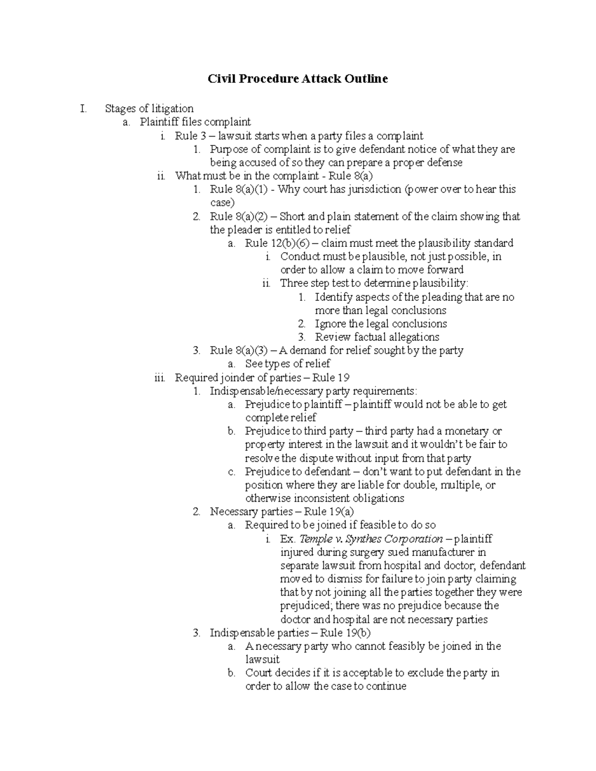 Civil Procedure Attack Outline - Stages of litigation a. Plaintiff ...