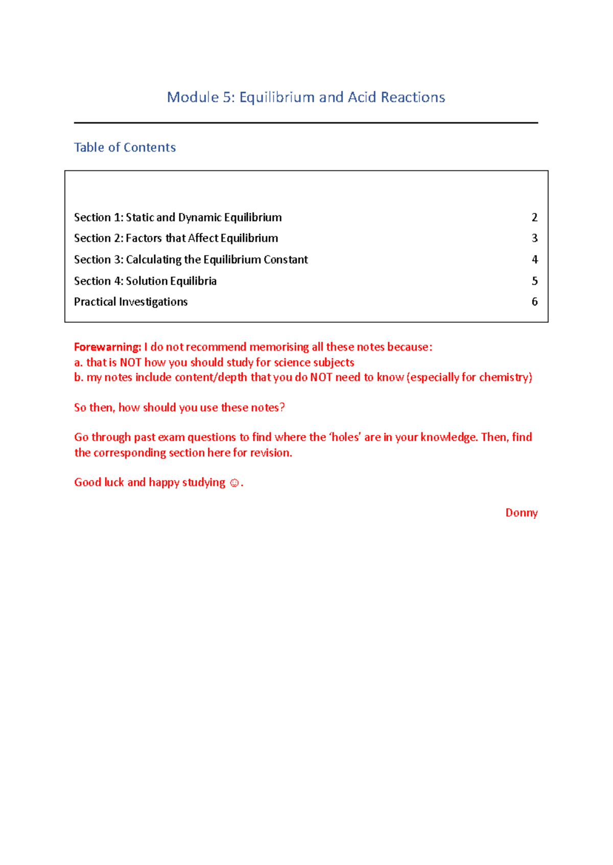 Chemistry Module 5: Equilibrium & Acid Reactions Study Notes - Studocu