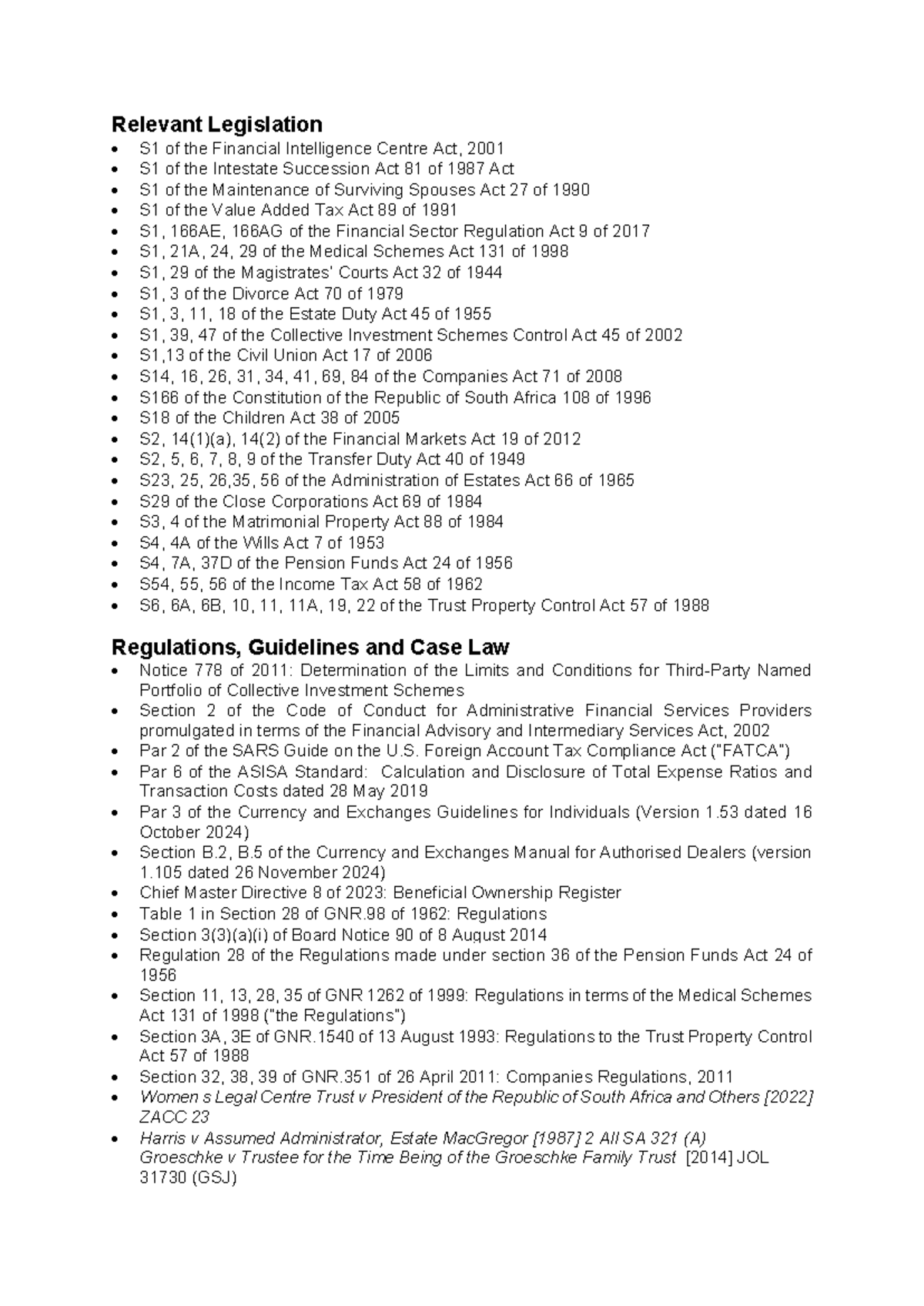 Regulatory Overview of Financial & Estate Legislation in SA - S1 - Studocu