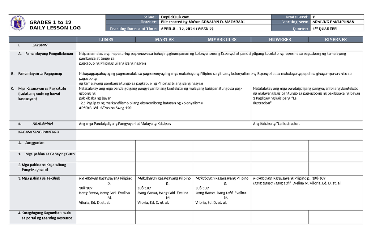 Araling Panlipunan 5 Daily Lesson Log Q4 W2 - Week of April 8-12, 2024 ...