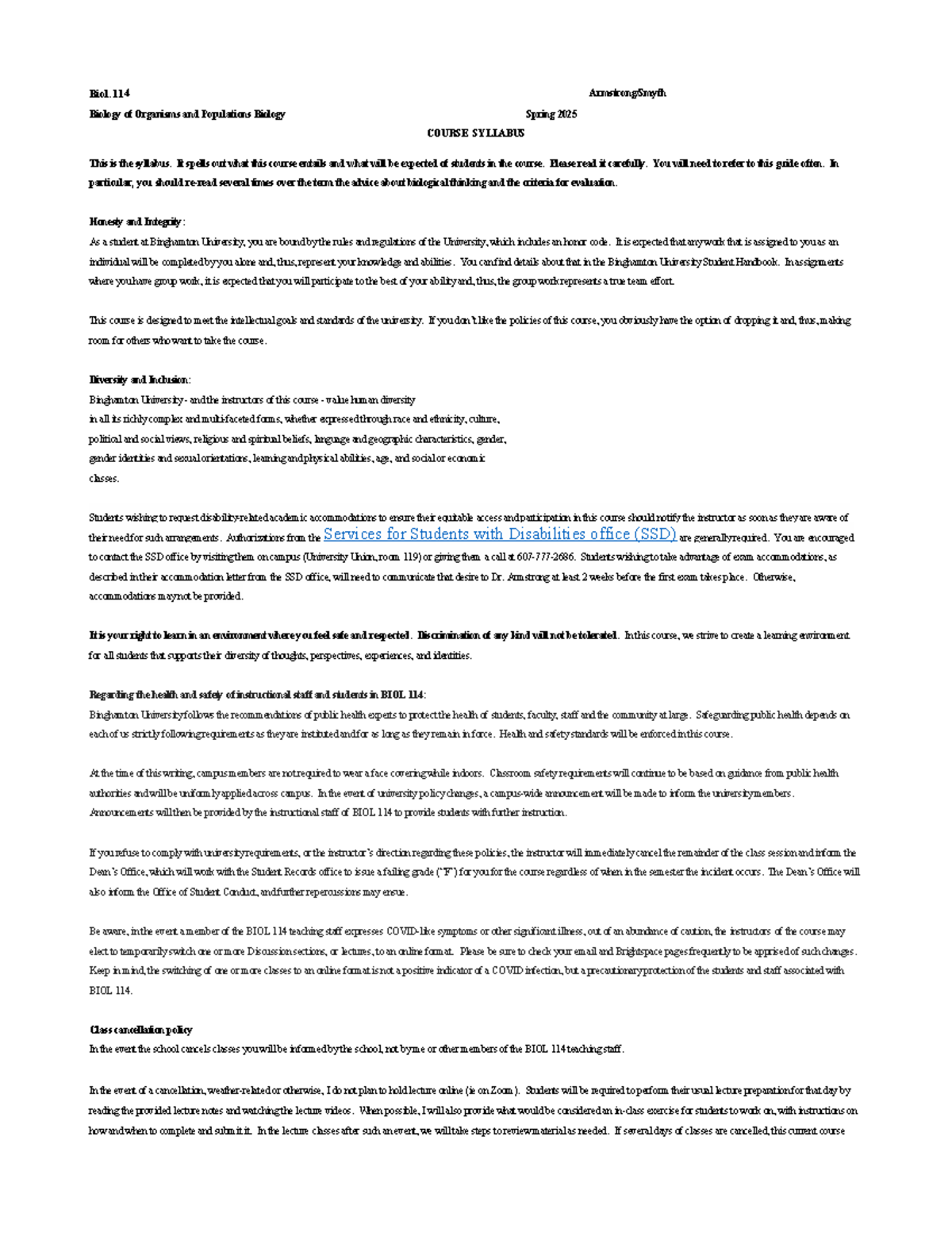 BIOL 114 Spring 2025 Comprehensive Course Syllabus - Studocu