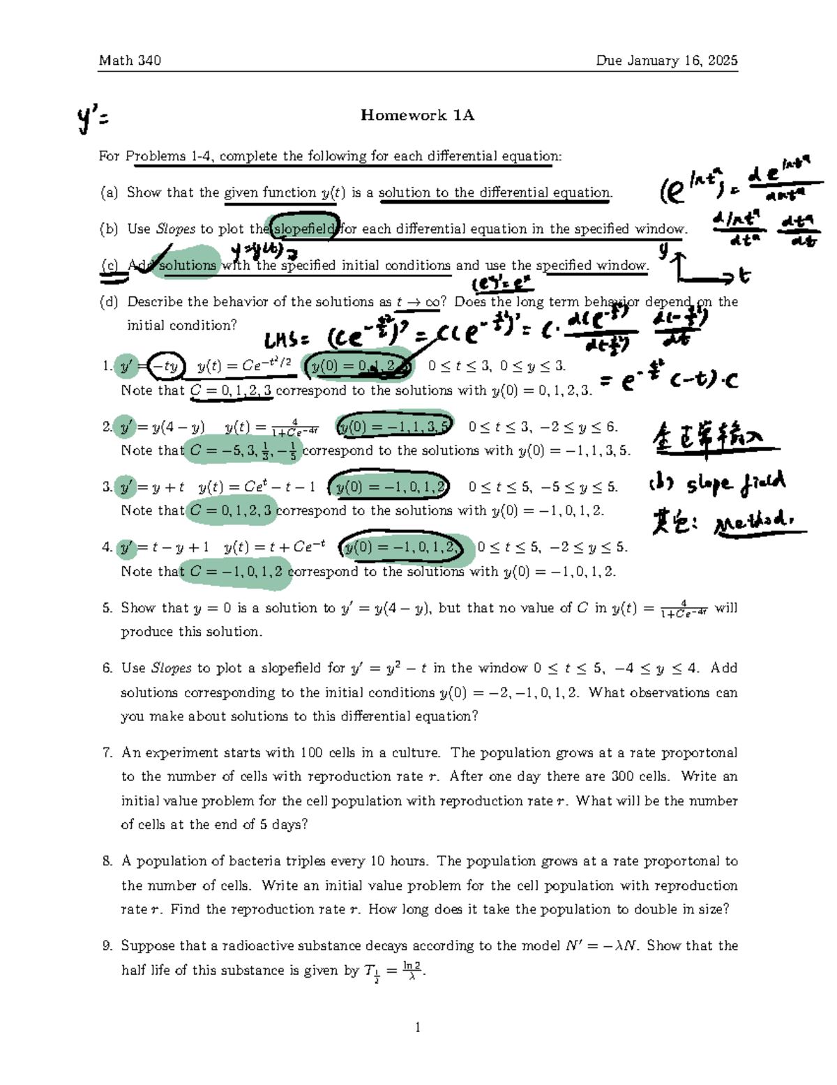 Math 340 Homework 1A due January 16, 2025: Differential equations and ...