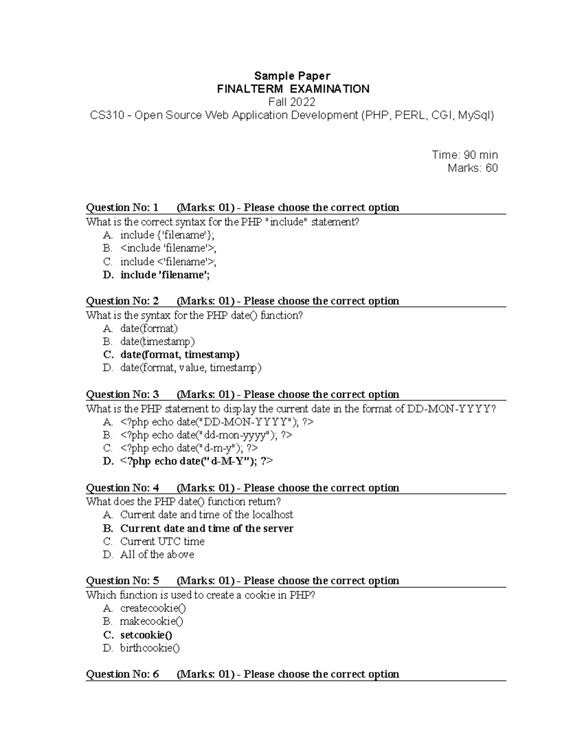 CS310 Final Exam Sample Paper - Open Source Web Dev (Fall 2022) - Studocu