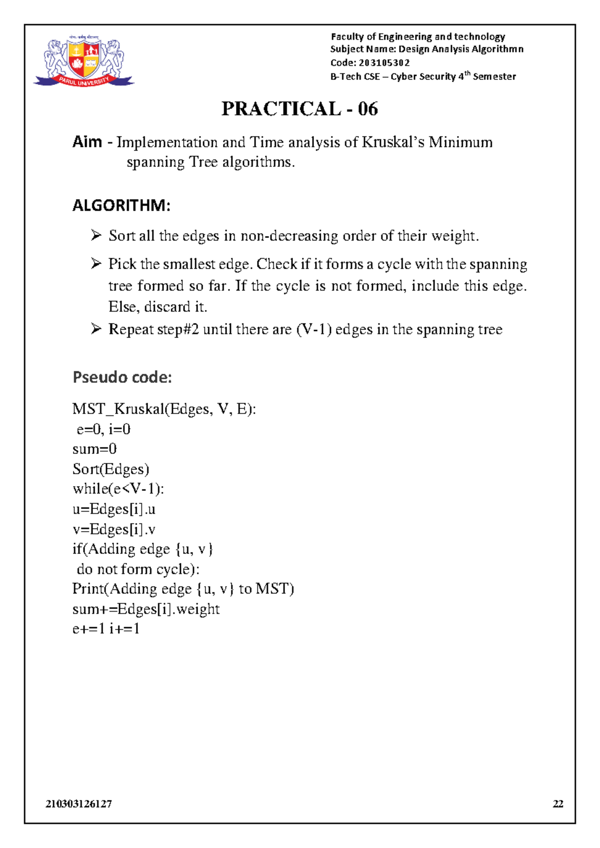Design Analysis and Algorithms Lab Manual - Code 203105302 - Studocu