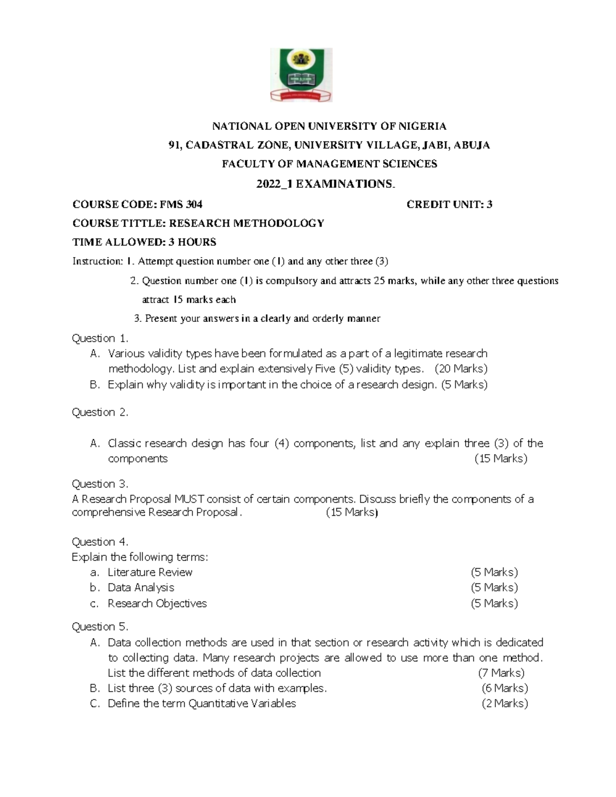 FMS304-2022-1 - Past Exam Questions on Research Methodology - Studocu