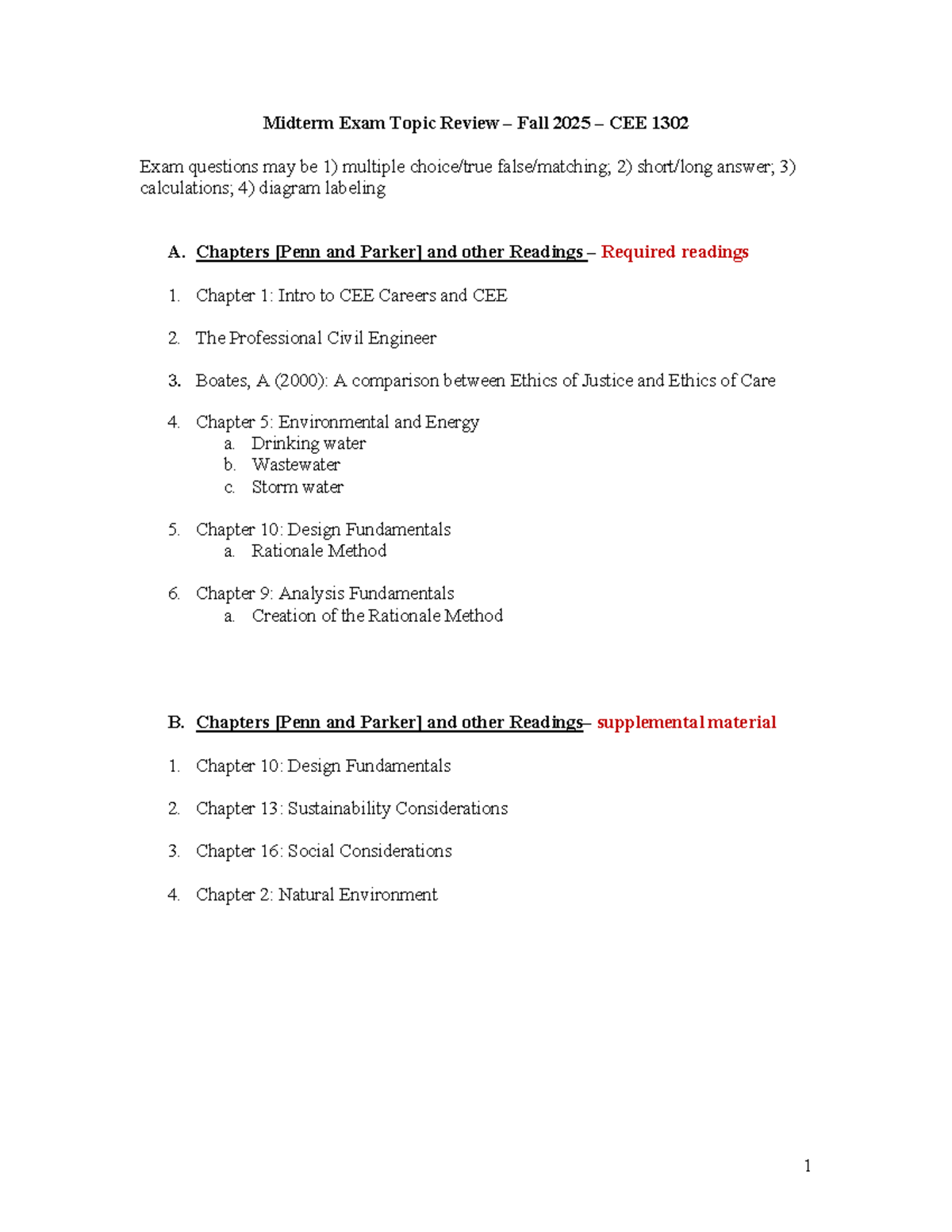 Midterm Exam Review: CEE 1302 - Fall 2025 Topics & Readings - Studocu