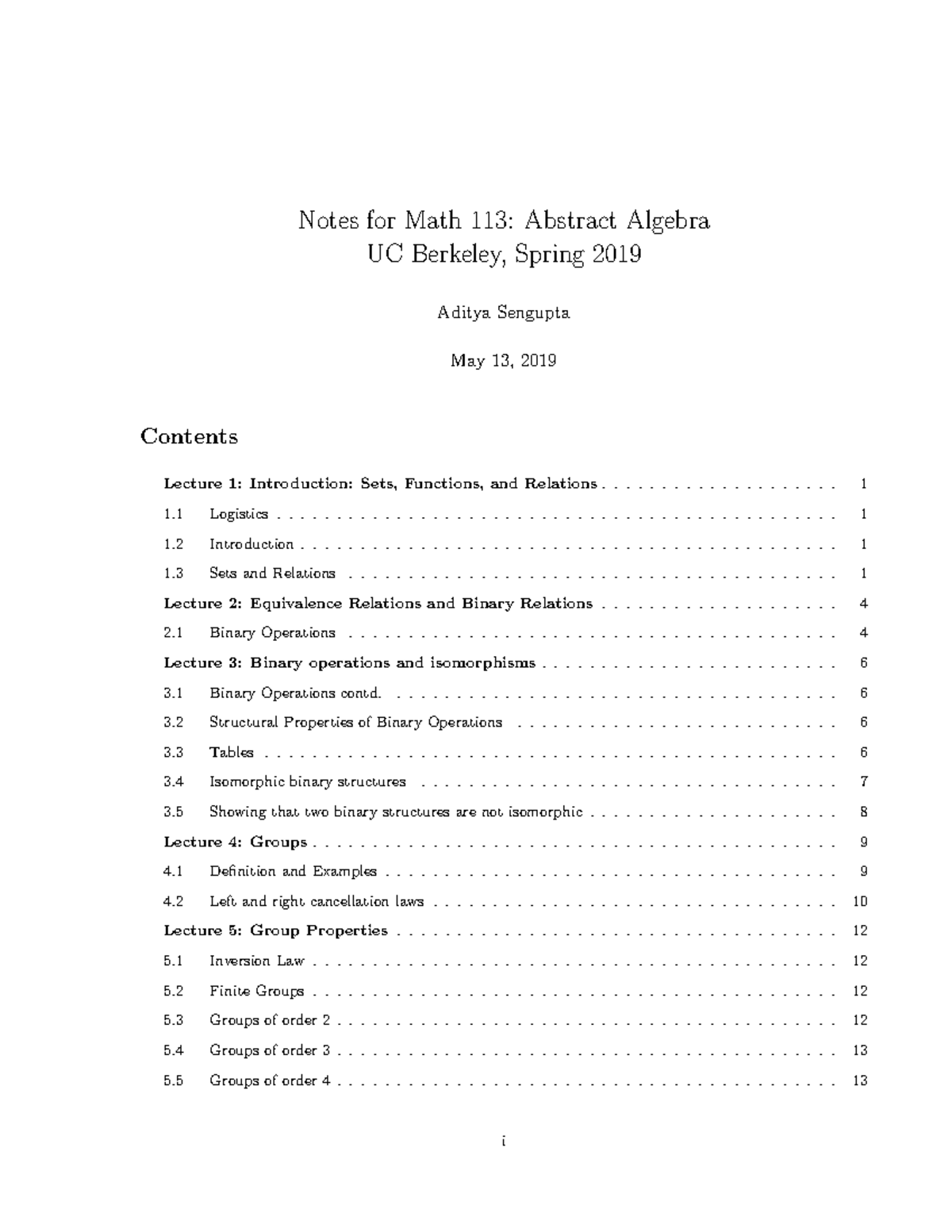 Math 113: Abstract Algebra Lecture Notes - UC Berkeley Spring 2019 ...