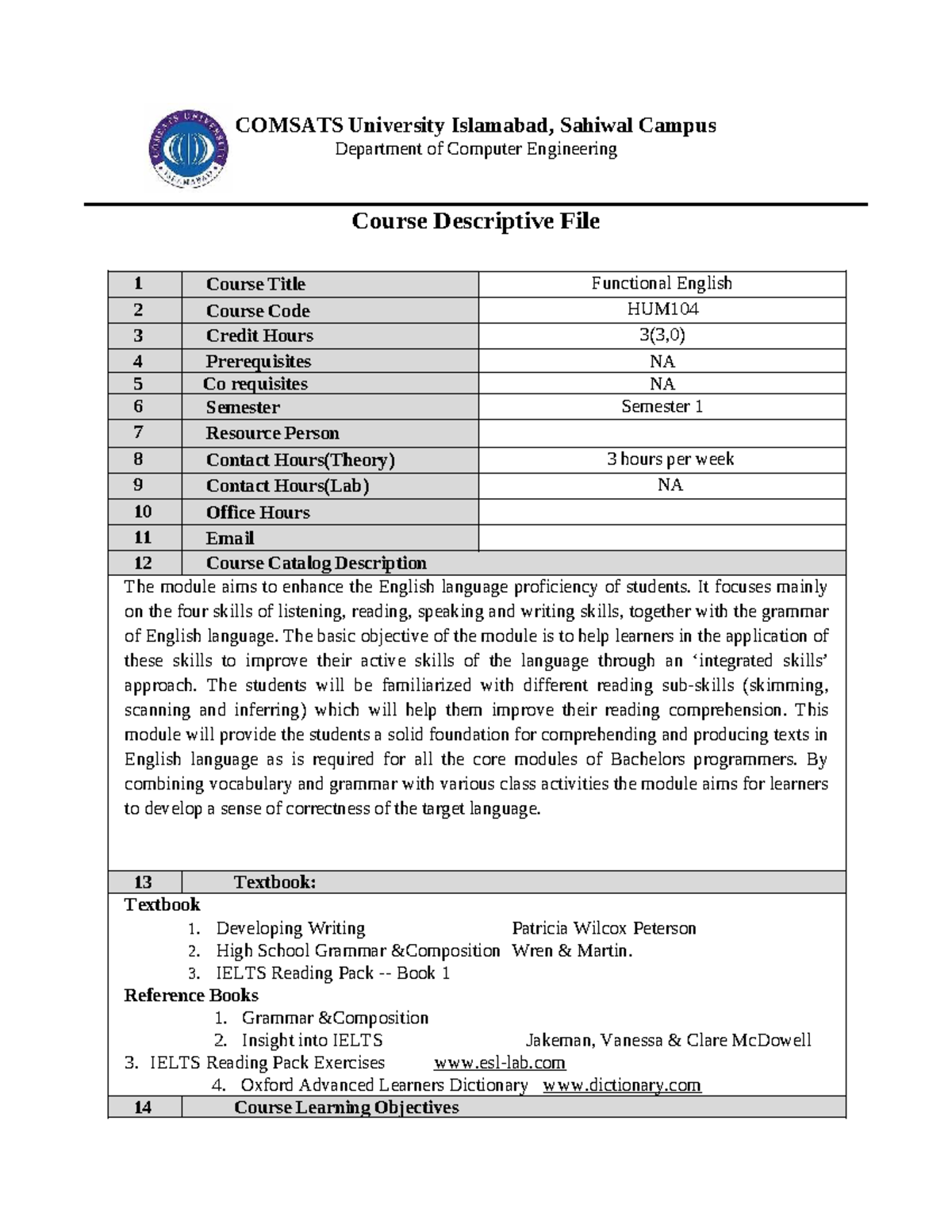 HUM104 Functional English Course Overview and Learning Objectives - Studocu