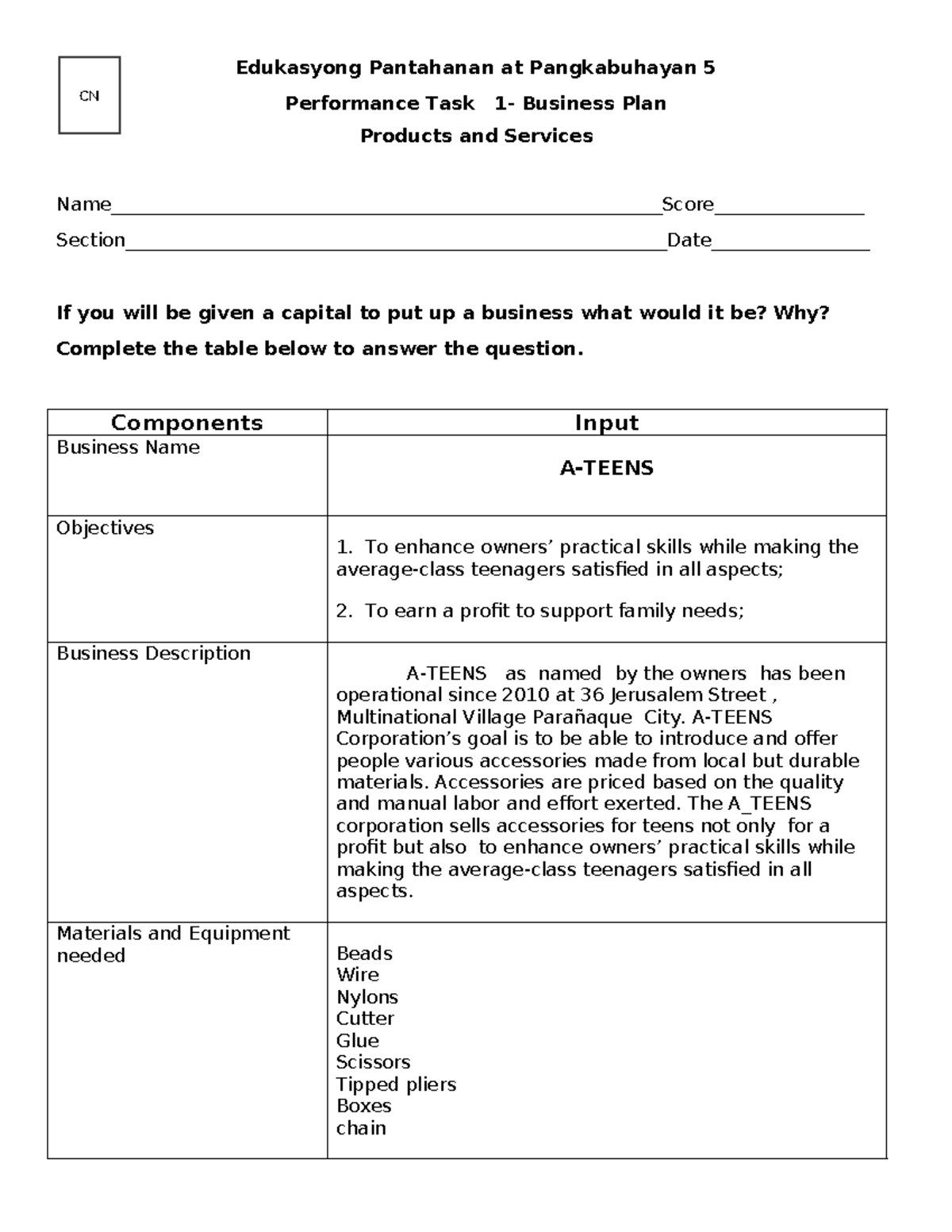 PETA 1 -EPP 5 Business Plan sample - Edukasyong Pantahanan at ...