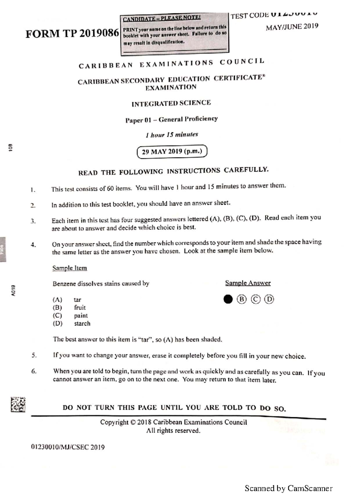 CSEC Integrated Science Paper 01 June 2019 Exam Guide - Studocu