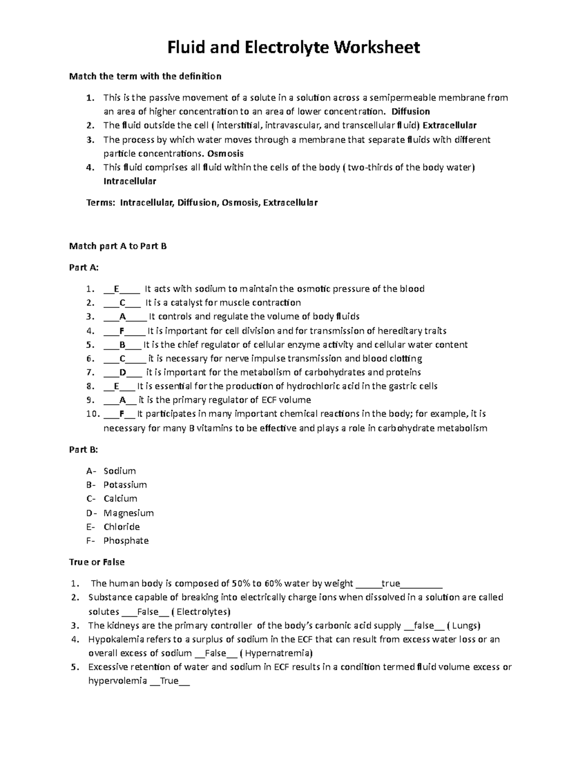 Fluid and Electrolytes Worksheet Answer Sheet and Review Guide - Studocu