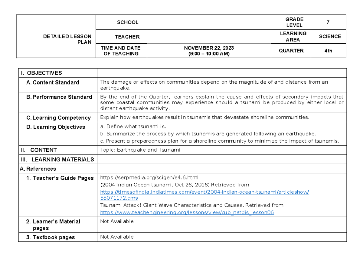 Grade 7 Science Lesson Plan: Earthquakes & Tsunamis (Q4) - Studocu