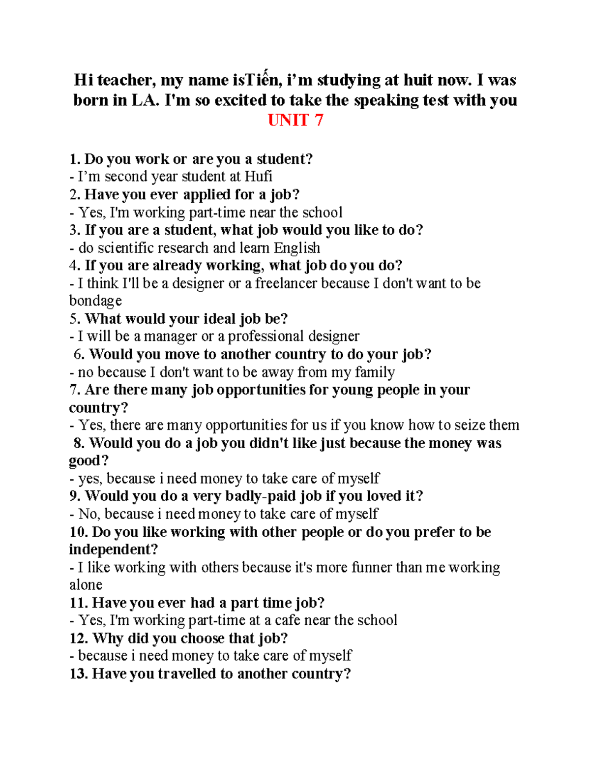 Speaking Test Notes - AV3 Units 7-12 - Studocu