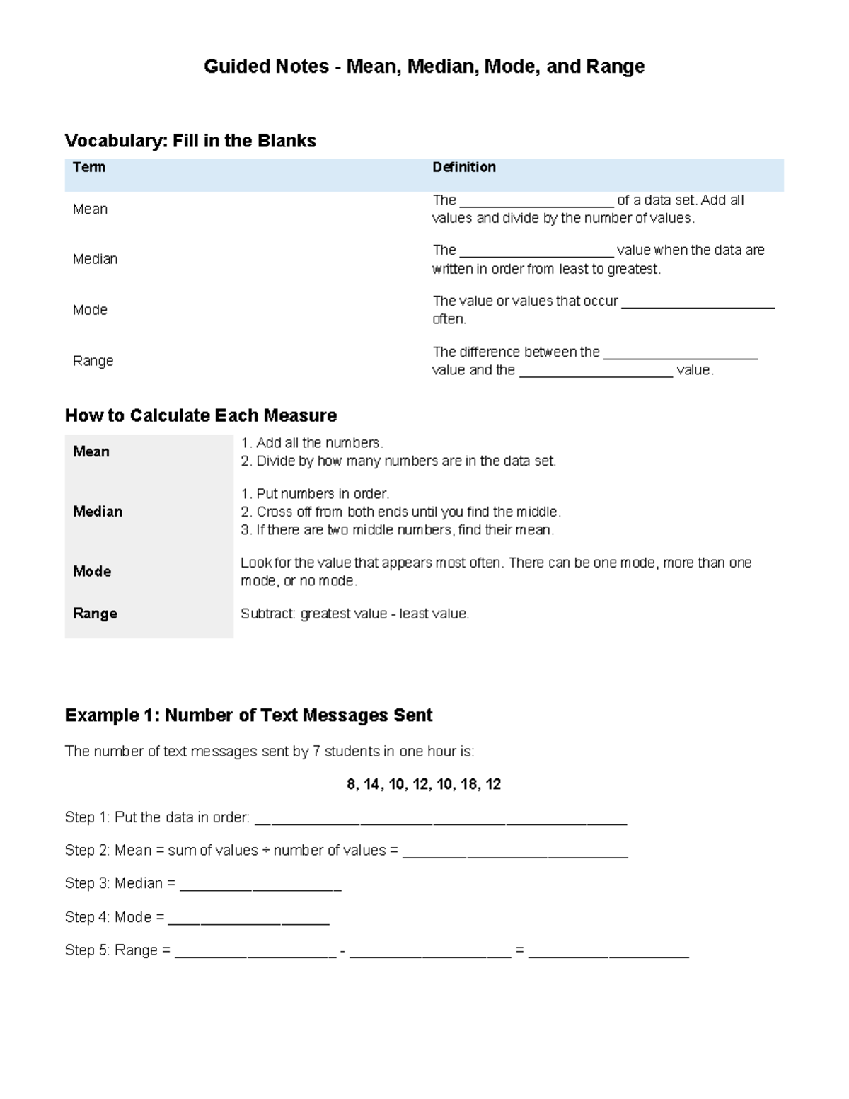 Algebra 1 Guided Notes: Mean, Median, Mode, and Range - Studocu