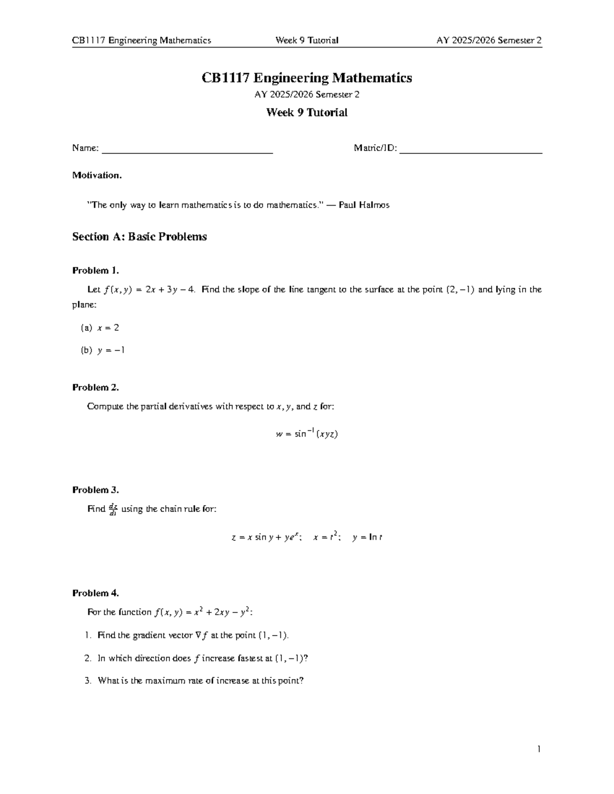 Engineering Mathematics AY Semester 2 Week 9 Tutorial Solutions - Studocu