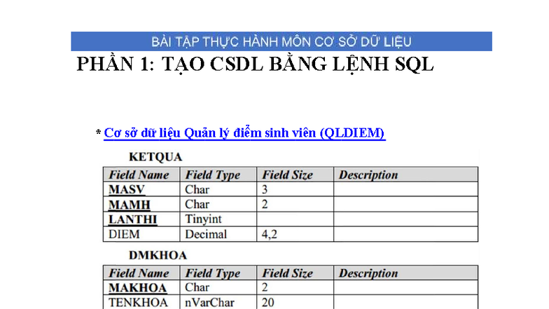 PHẦN 1: TẠO CSDL BẰNG LỆNH SQL - QLDIEM 1 & 2 - Studocu