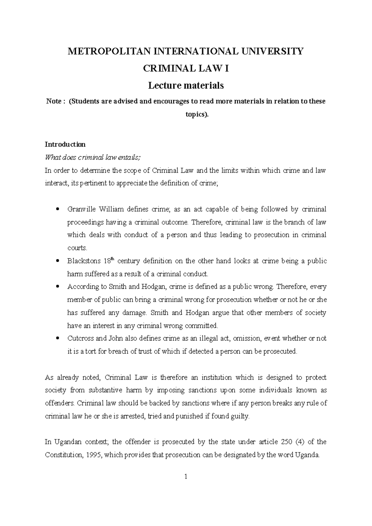 Criminal Law I Lecture Notes - Metropolitan International University ...
