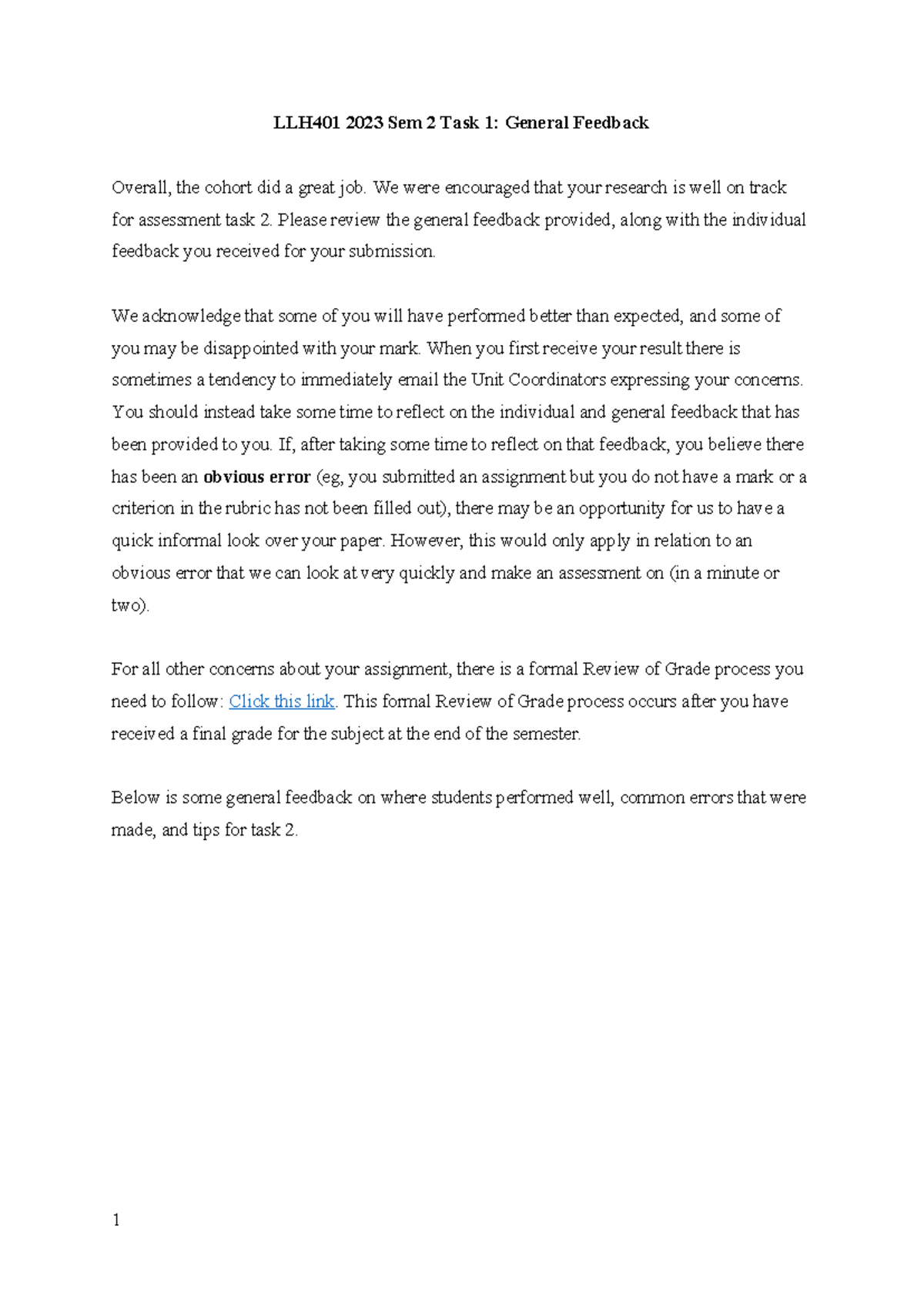 LLH401 2023 Sem 2 Task 1 General Feedback - LLH401 2023 Sem 2 Task 1 ...