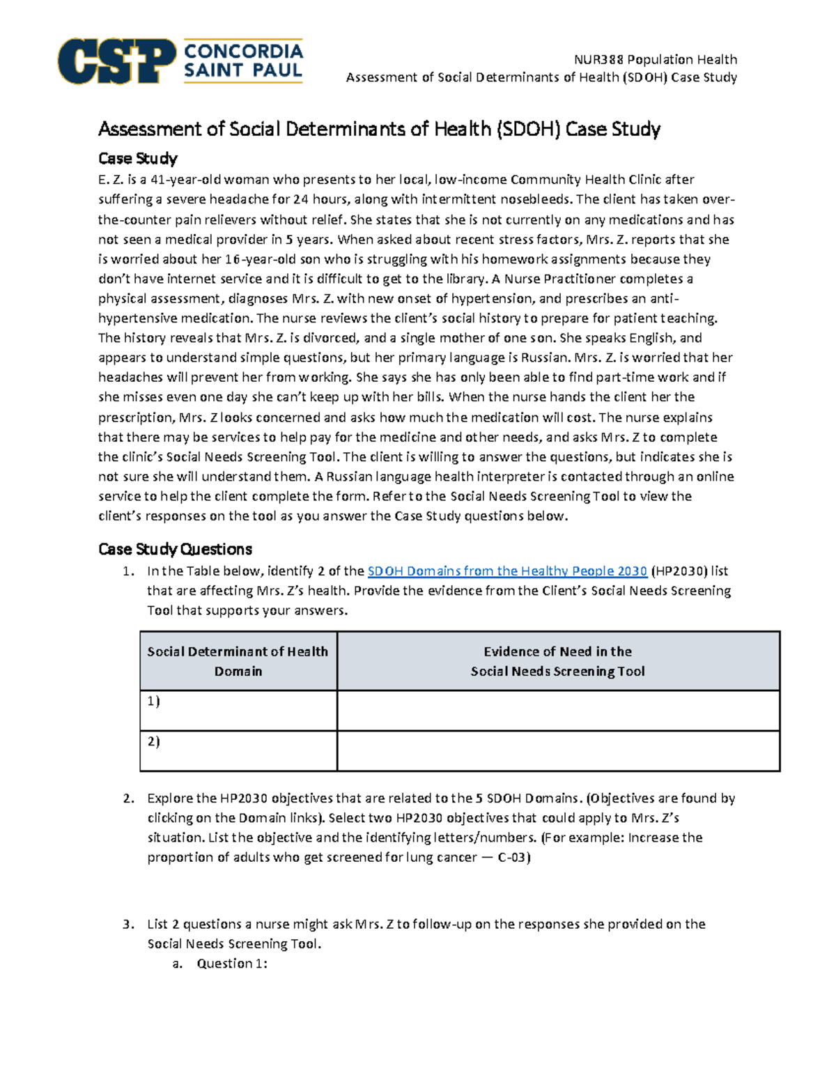 NUR38 SDOH Case Study: Analyzing Social Determinants of Health - Studocu