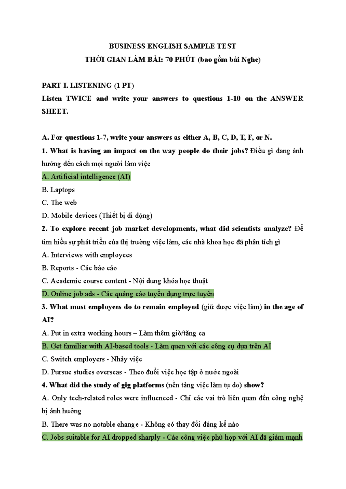 BUSINESS ENGLISH FINAL EXAM SAMPLE TEST (70 MIN) - Studocu
