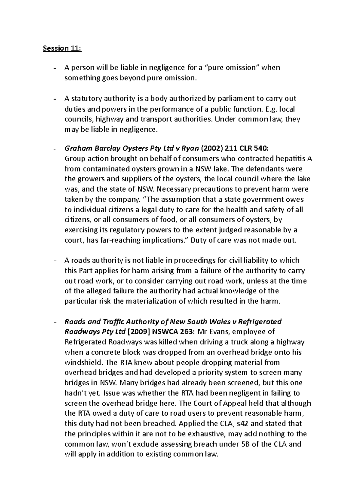 Session 11 - Negligence and Duty of Care Case Summaries - Studocu