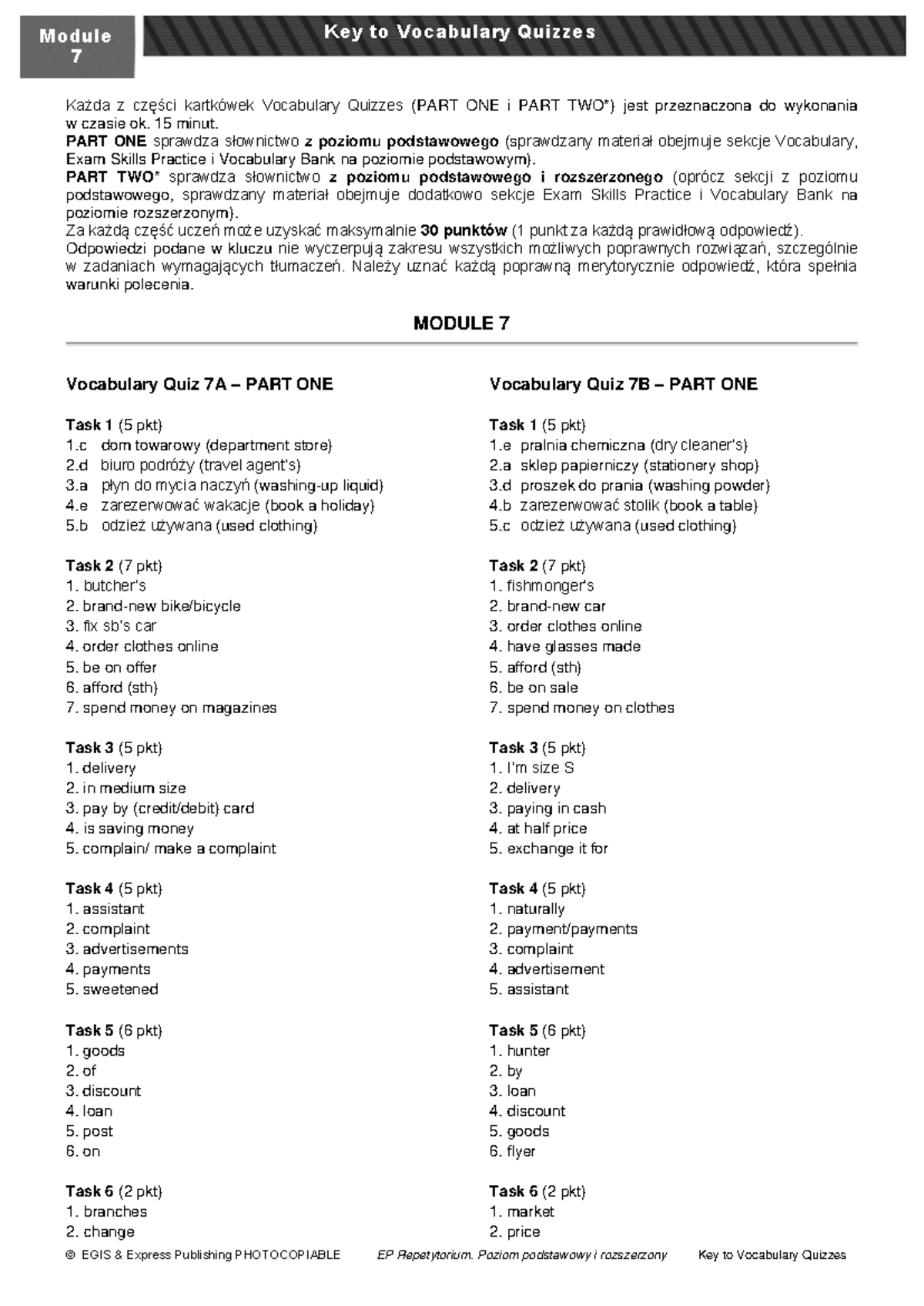 Vocabulary Quiz 7A & 7B Key for EP Repetytorium (PP/PR) - Studocu