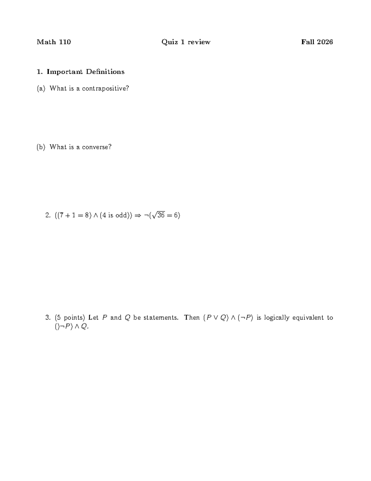 Math 110 Quiz 1 Review - Key Definitions and Concepts - Studocu