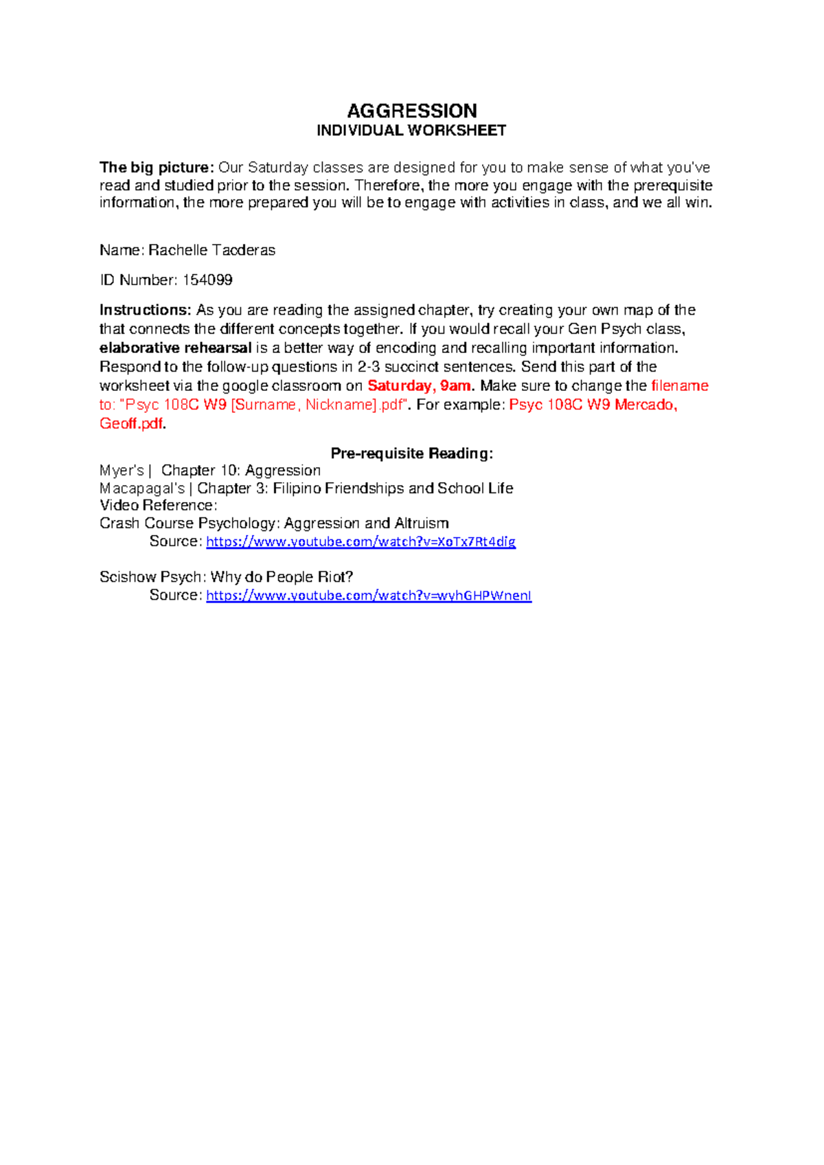 Psyc 108C: Aggression Individual Worksheet and Learning Reflection ...